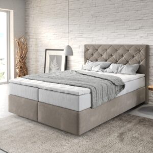 Boxspringbett Dream-Great 140x200 cm Mikrofaser Beige mit TFK Matratze und Visco Topper