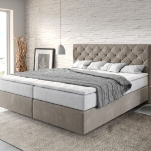 Boxspringbett Dream-Great 180x200 cm Mikrofaser Beige mit TFK Matratze und Visco Topper