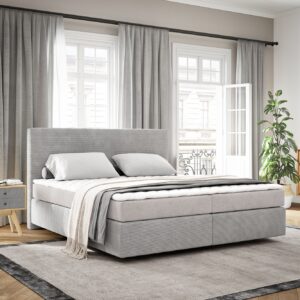 Boxspringbett Dream-Well 180x200 cm Cord Silbergrau mit Matratze und Topper