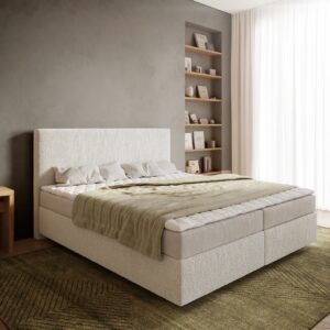 Boxspringbett Dream-Well 180x200 cm Bouclé Creme-Weiß mit Matratze und Topper