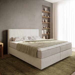 Boxspringbett Dream-Well 180x200 cm Bouclé Creme-Weiß mit Taschenfederkernmatratze und Topper Visco