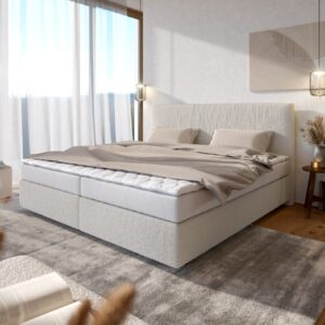 Boxspringbett Dream-Well Bouclé Creme-Weiß 200x200 cm Bonell-Matratze PU-Topper
