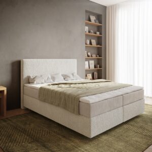 Boxspringbett Dream-Well 160x200 cm Bouclé Creme-Weiß mit Taschenfederkernmatratze und Topper Visco