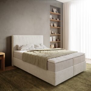 Boxspringbett Dream-Well 140x200 cm Bouclé Creme-Weiß mit Taschenfederkernmatratze und Topper Visco