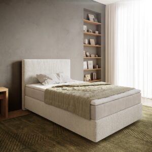 Boxspringbett Dream-Well 120x200 cm Bouclé Creme-Weiß mit Taschenfederkernmatratze und Topper Visco