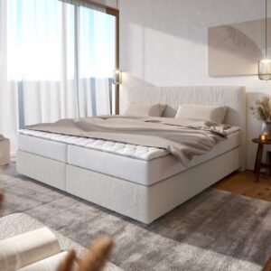 Boxspringbett Dream-Well Bouclé Creme-Weiß 200x200 cm mit Taschenfederkernmatratze und Topper Visco
