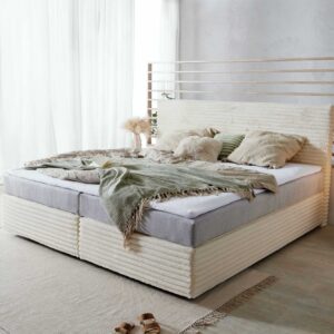 Boxspringbett Dream-Well Plüsch-Cord Beige 200x200 cm mit Taschenfederkernmatratze und Topper Visco