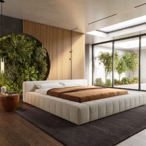 Polsterbettgestell Espazio 180x200 cm Bouclé Creme-Weiß mit Stauraum