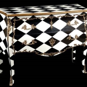 Casa Padrino Barock Kommode Schwarz / Weià Karo mit goldenen Metall Applikationen