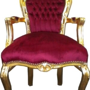 Barock Esszimmer Stuhl Bordeaux / Gold mit Armlehnen