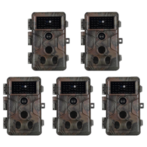 5tlg. Wildkamera 64MP 1296p Video mit Audio und Bewegungsmelder Nachtsicht max. Entfernung bis 100Füße, 0,1s Trigger Geschwindigkeit, Wasserdicht IP66 | A323