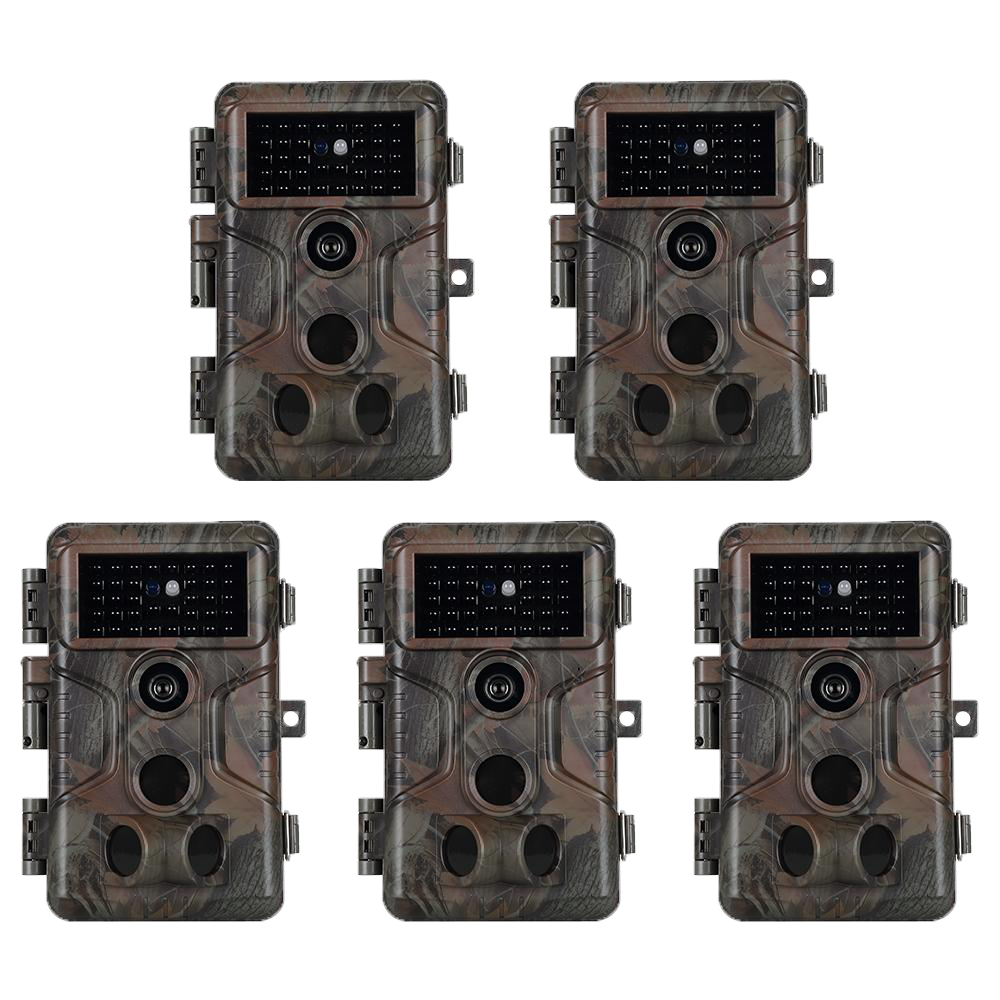 5tlg. Wildkamera 64MP 1296p Video mit Audio und Bewegungsmelder Nachtsicht max. Entfernung bis 100Füße, 0,1s Trigger Geschwindigkeit, Wasserdicht IP66 | A323