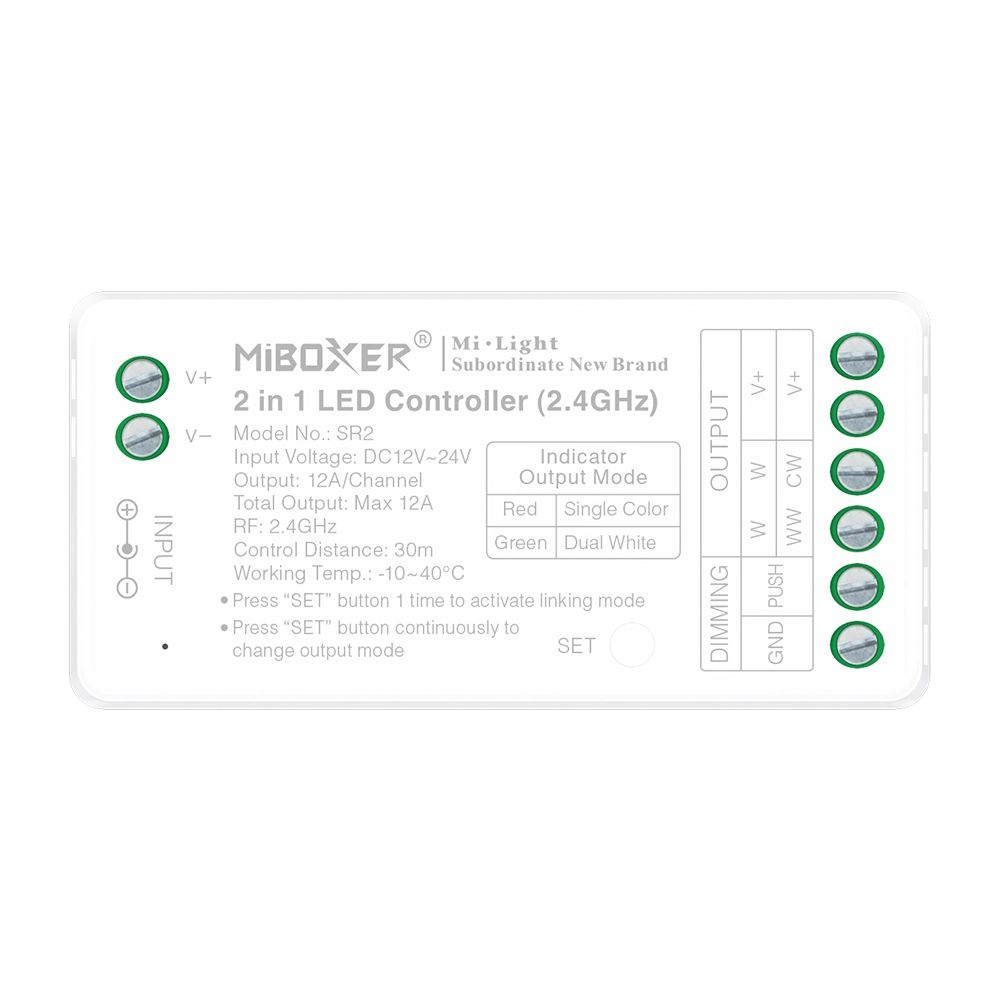 MiBoxer SR2 2-in-1 LED Controller – für einfarbige & CCT LED Streifen, 2,4 GHz Funk, 12–24 V, 12 A