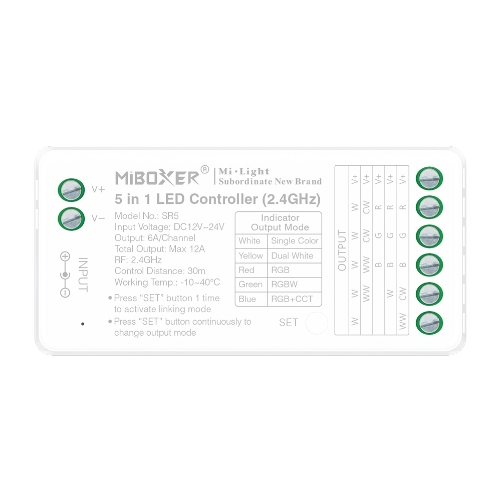 MiBoxer SR5 5-in-1 LED Controller – für einfarbige, CCT, RGB, RGBW & RGBCCT LED Streifen, 2,4 GHz Funk, 12–24 V, 12 A