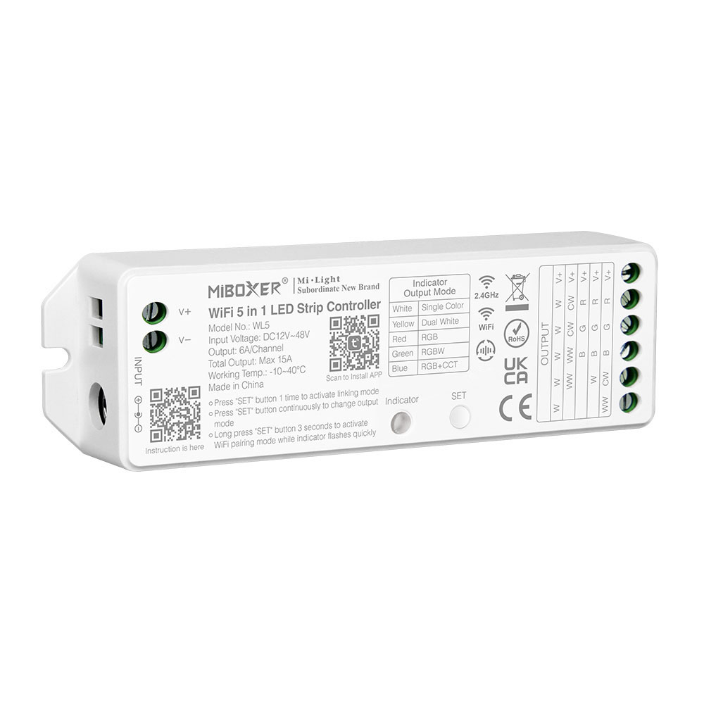 MiBoxer WL5 5-in-1 LED Controller IP20, WiFi & 2.4 GHz, Indoor, RGB+CCT, 12–48 V