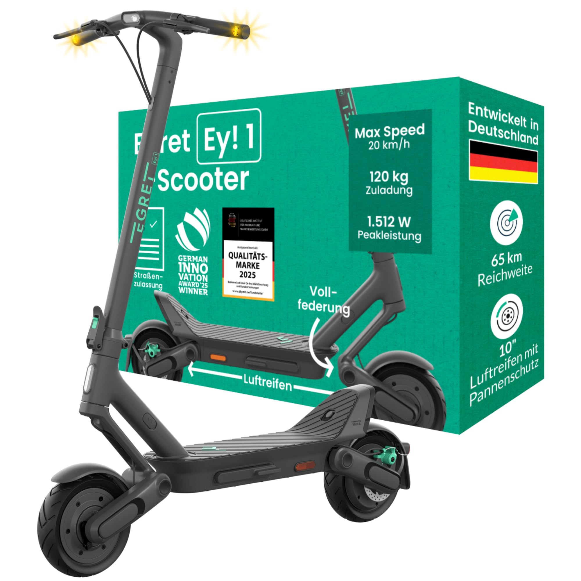 Egret Ey! Serie E-Scooter mit Straßenzulassung | Bis zu 65Km Reichweite und 1520 Watt Peak, 20km/h, Luftreifen, Dual Bremsen, App (Wählbar Ey! 1, Ey! 2, Ey! 3, Ey! 6, Ey! 7)