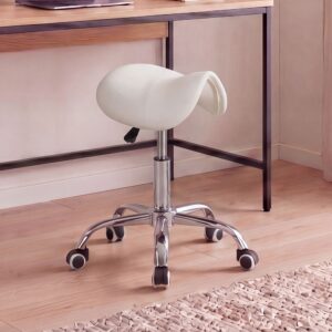 FineBuy MENTON - Sattel-Hocker, Arbeitshocker mit Kunstleder-Bezug, Sitzhocker ist höhenverstellbar, Design Drehhocker mit Rollen, Kosmetikhocker & Praxishocker mit Sattelsitz, Friseurhocker