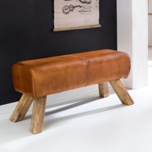FineBuy Design Sitzbank Turnbock 90cm Cognac Echtleder Mangoholz Retro Sitzhocker, Lederhocker mit Holzbeinen, Sprinbock Hocker, Garderobenbank