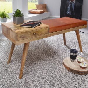 FineBuy gepolsterte Sitzbank 100 cm Massivholz Echtleder mit Schublade - Retro Polsterbank für Garderobe, Schlafzimmer, Wohnzimmer - Garderobenbank Eingangsbereich