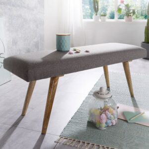 FineBuy gepolsterte Sitzbank 120 cm Massivholz Stoff grau - Retro Polsterbank für Garderobe Schlafzimmer & Wohnzimmer - Garderobenbank Eingangsbereich