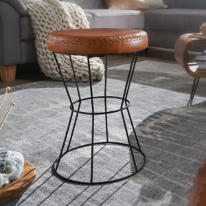 FineBuy Sitzhocker Echtleder / Metall 35 x 48 x 35 cm Design Hocker Rund, Dekohocker mit Leder-Bezug, Moderner Lederhocker Braun Gepolstert