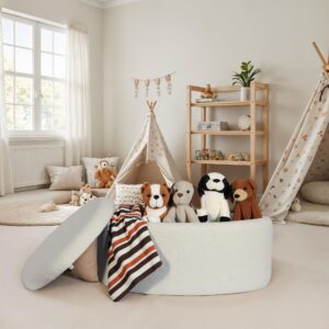 FineBuy Sitzhocker mit Stauraum Stoff oval 81 cm, abnehmbarer Deckel, Polsterhocker modern in Creme, Aufbewahrungshocker gepolstert für Wohnzimmer Schlafzimmer Flur