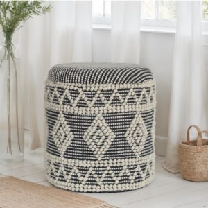 FineBuy Sitzhocker aus Wolle Ø 40 x 45 cm Grau-Creme Rund Boho Hocker mit Stauraum & abnehmbarem Deckel, Polsterhocker Modern für Wohnzimmer Schlafzimmer Flur